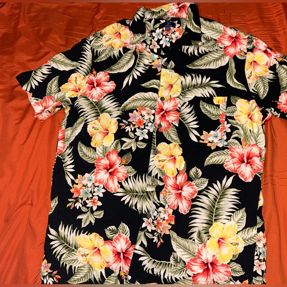 George Black Hawaiian Shirt with Red, Yellow & White Floral Print